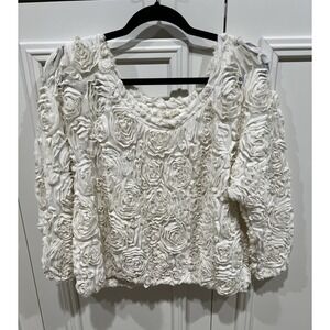 American Apparel 3D Rosette Textured Top One Size Ivory Scoop Neck Textured Mesh